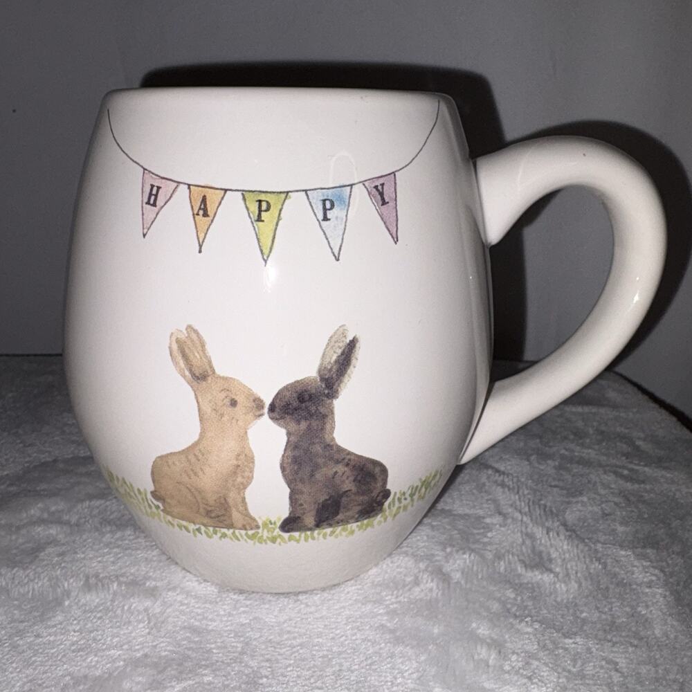 RAE DUNN Magenta HAPPY EASTER Rabbit Bunny 18oz Coffee MUG/CUP 4½" Tall EUC